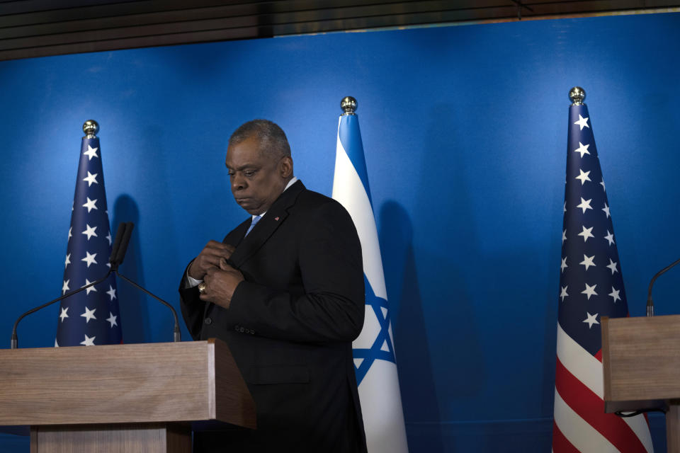 U.S. Secretary of Defense Lloyd Austin arrives to the podium for a joint statement with his Israeli counterpart, Minister of Defence Yoav Gallant following their meeting at Ben Gurion International Airport in Thursday, March 9, 2023. (AP Photo/Maya Alleruzzo)