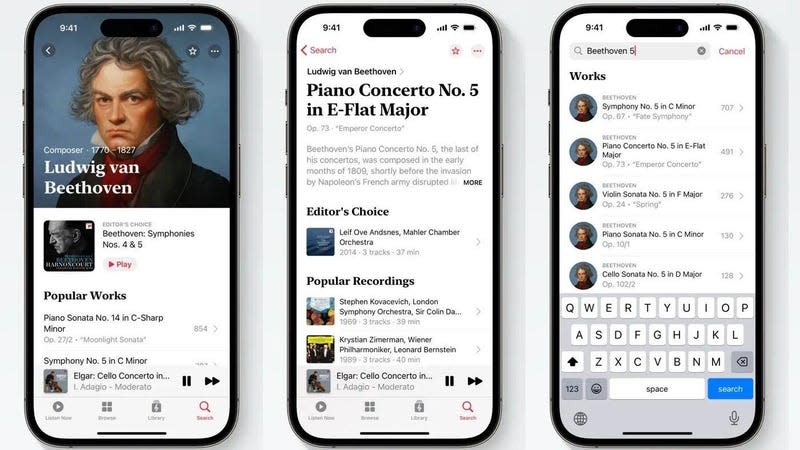 Apple Music Classical screenshots on phones showing Ludwig van Beethoven and Piano Concerto No. 5 in E-Flat