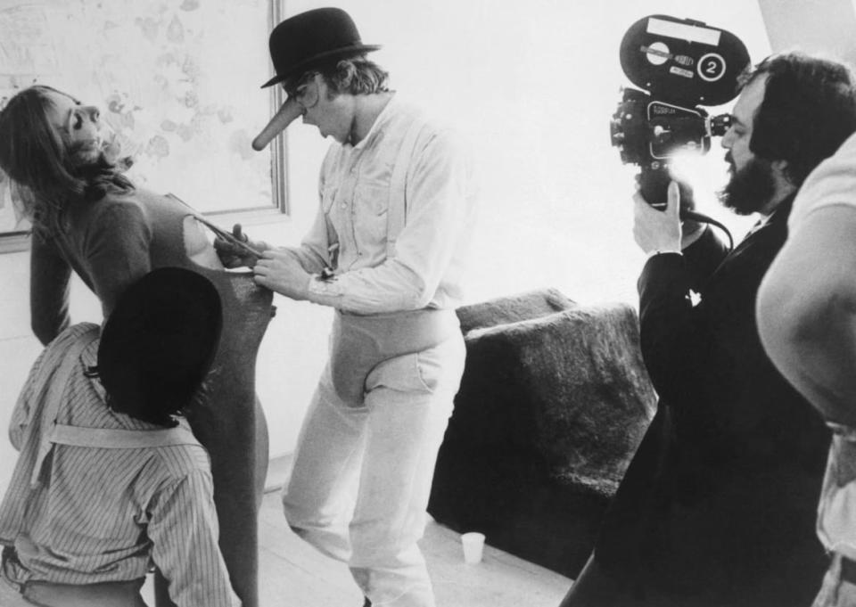 <div class="inline-image__caption"><p>Director Stanley Kubrick (right) filming close-up of little Alex in his phallic mask cutting the clothes off a woman he is about to rape in the picture <em>A Clockwork Orange</em>. </p></div> <div class="inline-image__credit">Bettmann via Getty</div>