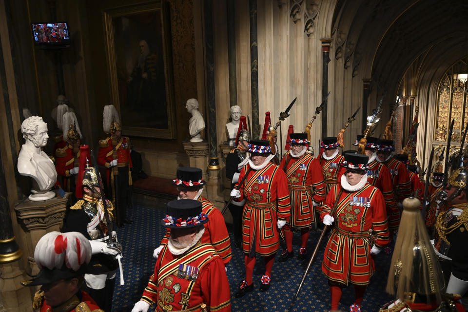 Yeomen of the Guard prepare for the official State Opening of Parliament in London, Monday Oct. 14, 2019. (Paul Ellis/Pool via AP)