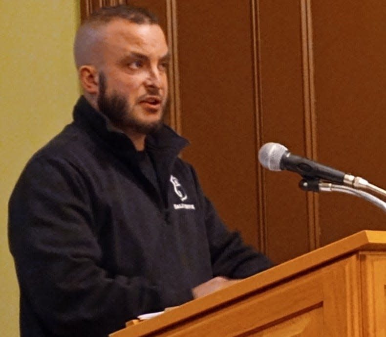 Chad Weigelt, owner of a used car business, Route 6 Sales & Service, speaks at the Feb. 26, 2024, Honesdale Borough Council meeting.