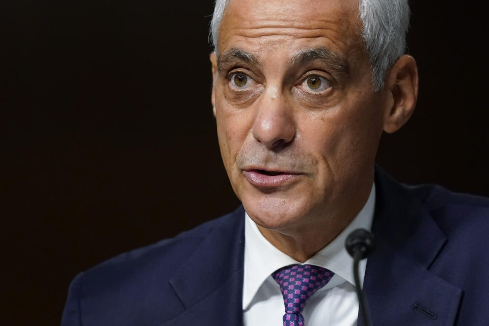 U.S. Ambassador to Japan nominee Rahm Emanuel speaks during a hearing to examine his nomination before the Senate Foreign Relations Committee on Capitol Hill in Washington, Wednesday, Oct. 20, 2021. (AP Photo/Patrick Semansky)