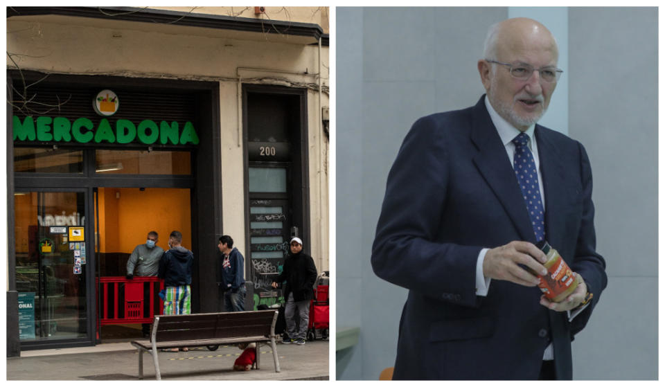 La cola que comienza en la fachada de un Mercadona durante el pico de la pandemia (izquierda) y Juan Roig, presidente de la empresa valenciana (derecha). Fuente: Getty Images.