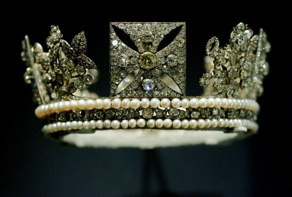 The Diamond Diadem, commissioned by George IV for his coronation and which continues to be worn today by Queen Elizabeth II during the State Opening of Parliament, on display during a preview of the Royal Collection's George IV: Art &amp; Spectacle exhibition in The Queen's Gallery at Buckingham Palace in London.
