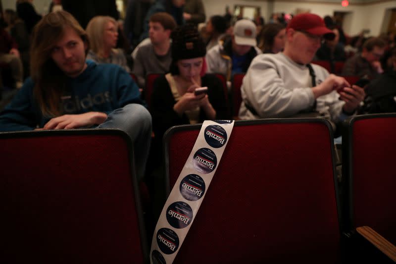 Campaign stickers are seen on a chair at Democratic 2020 U.S. presidential candidate and U.S. Senator Bernie Sanders' (I-VT) campaign rally in Ames