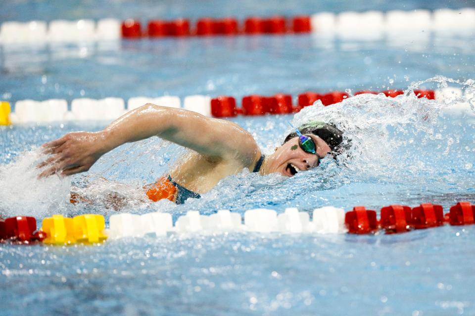 Dublin Coffman’s Emily Brown swims in the 500 free last year at district.