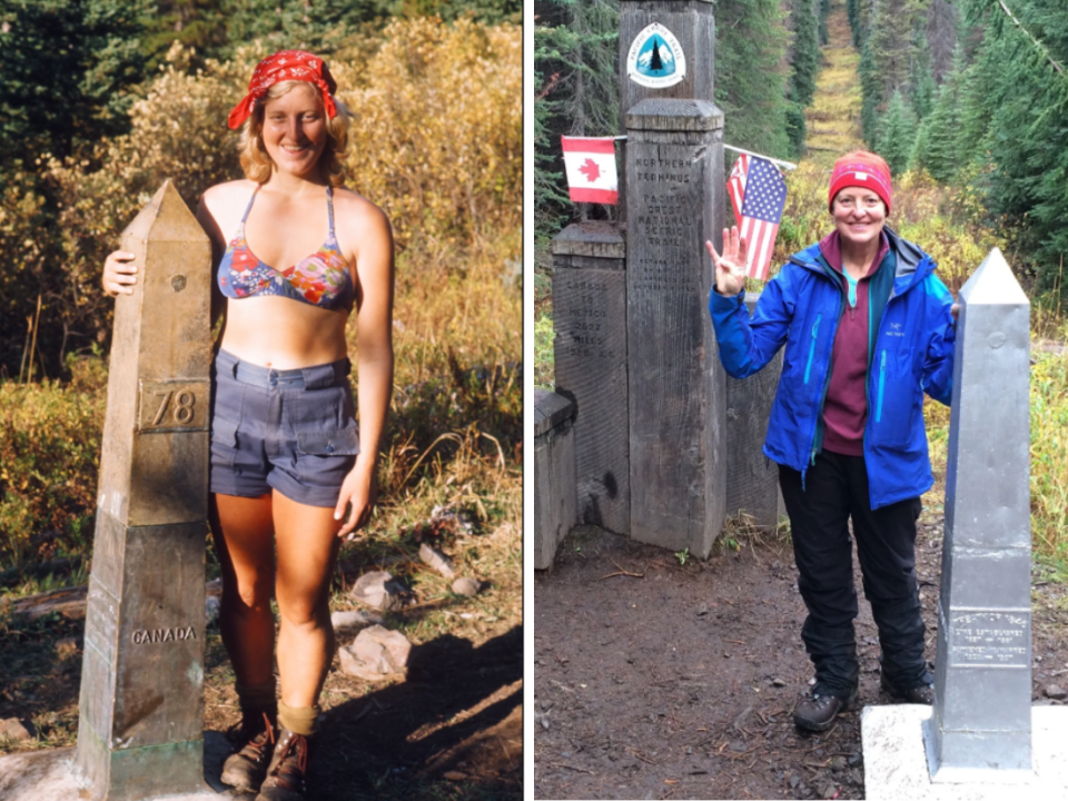 Carolyn Burkhart, 67, was one of the first 100 people to hike the Pacific Crest Trail from Mexico to Canada. She's pictured at the northern terminus of the Pacific Crest Trail on the U.S.-Canada border after finishing the trail for the first time in 1976 at age 21, on left, and again in recent years.