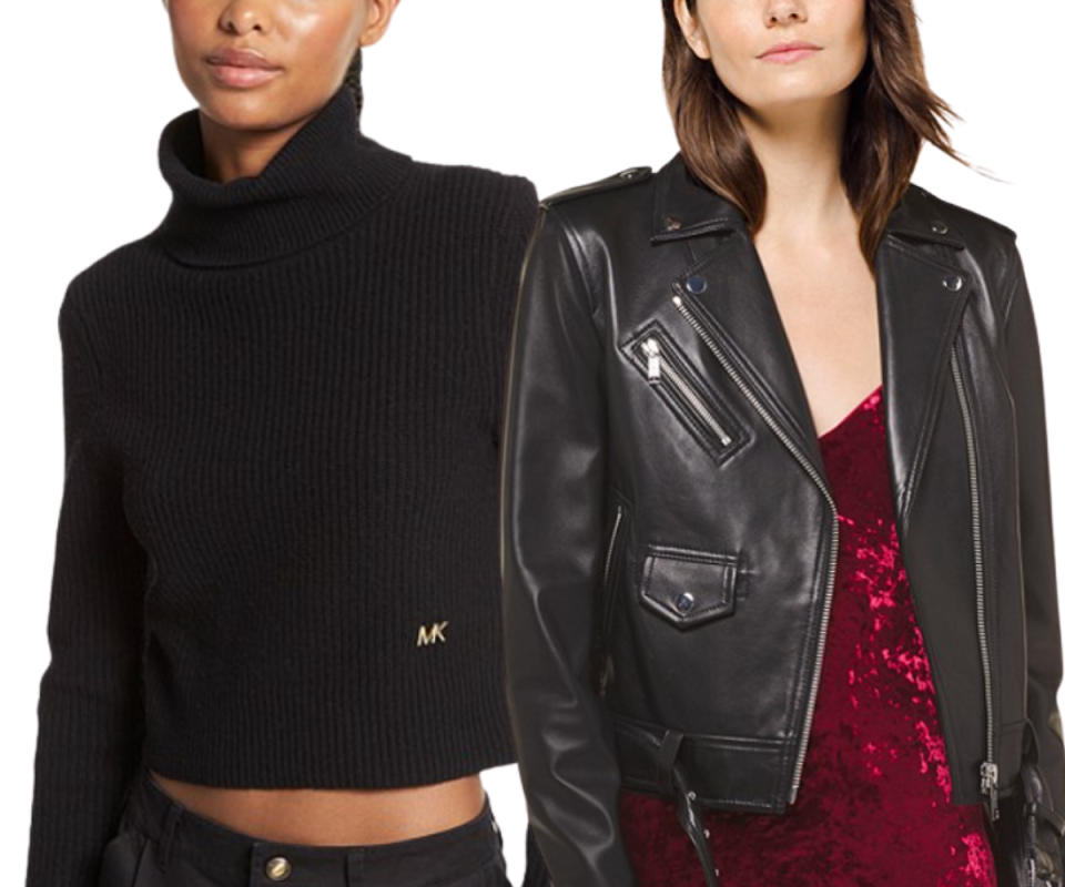 Two models wear a black turtle neck jumper with the one on the right wearing a black leather jacket.