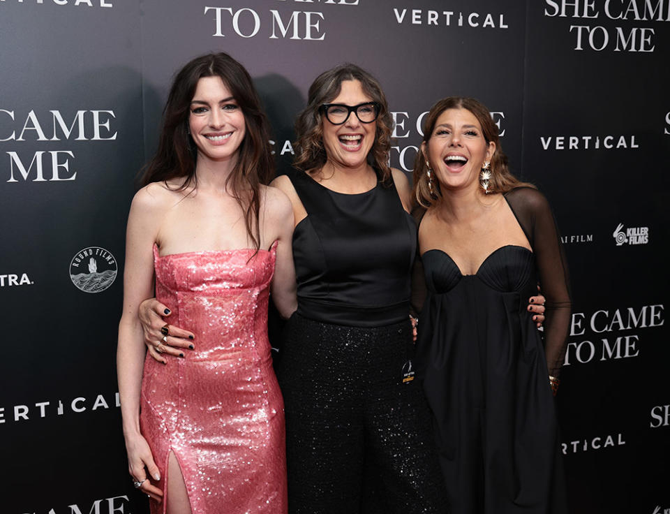 (L-R) Anne Hathaway, Rebecca Miller and Marisa Tomei attend the "She Came To Me" New York Screening at Metrograph on October 03, 2023 in New York City.