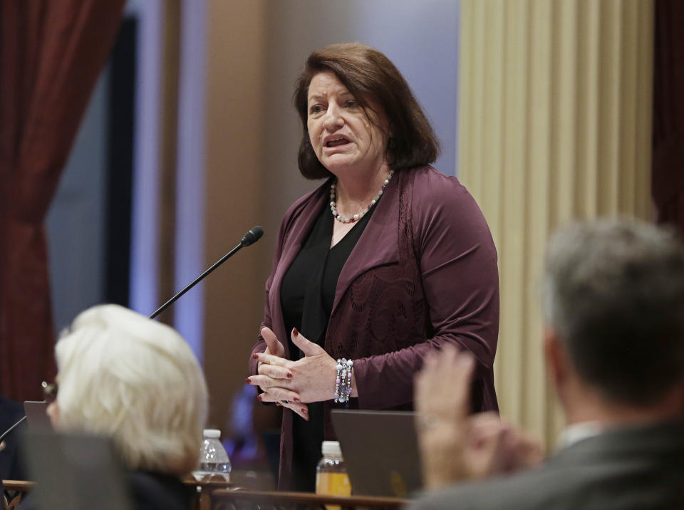 FILE - In this June 14, 2018, file photo, Senate President Pro Tem Toni Atkins, of San Diego, addresses members of the Senate in Sacramento, Calif. On Friday, Feb. 1, 2019, the California Legislature is opening an independent office to handle investigations of alleged workplace misconduct, including sexual harassment or discrimination. "Our goals are clear: we need to protect victims and witnesses, hold perpetrators accountable, and restore employee and public confidence," said Atkins. But she added: "I realize we cannot be satisfied with our progress, because this step alone will not change the culture of this building." (AP Photo/Rich Pedroncelli, File)