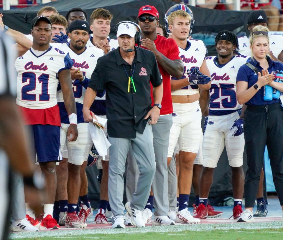 Florida Atlantic head coach Tom Herman watches his team during the first quarter against UTSA at FAU Stadium on Saturday, October 21, 2023, in Boca Raton, FL.