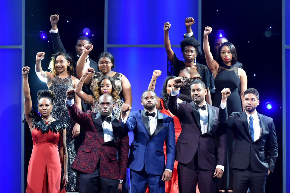 Winners of the Chairman's Award speak onstage during the 47th NAACP Image Awards.