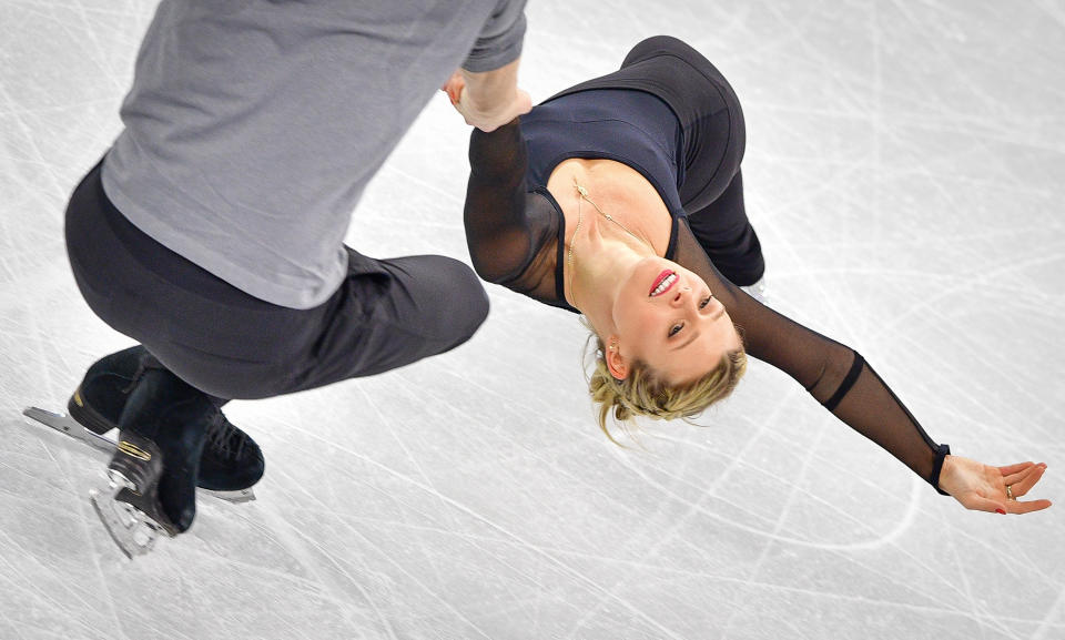 <p>Kirsten Moore-Towers and Michael Marinaro of Canada practise at Gangneung Ice Arena ahead of the pairs figure skating competition of the PyeongChang 2018 Winter Olympic Games on February 8, 2018. (Photo credit should read MLADEN ANTONOV/AFP/Getty Images) </p>