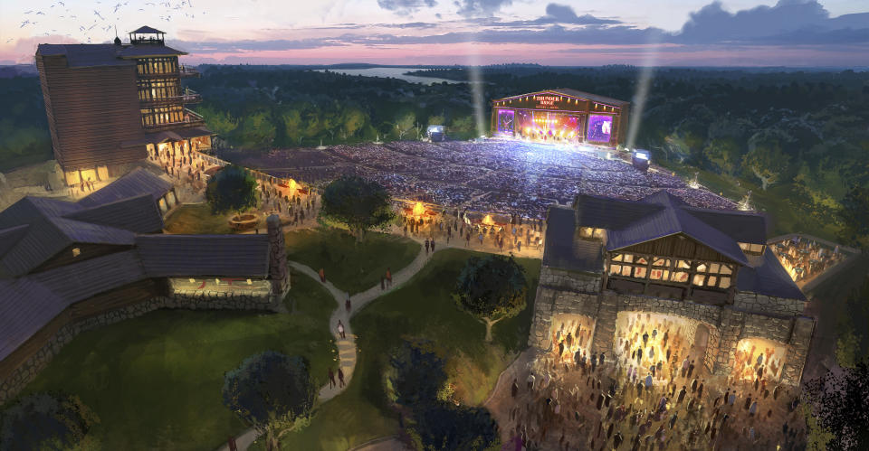 Una imagen creada por computadora proporcionada por ASM Global muestra Thunder Ridge Nature Arena en Ridgedale, Missouri, construida por el fundador y director general de Bass Pro Shops Johnny Morris. Los Rolling Stones anunciaron el jueves 23 de mayo de 2024, que cerrarán su gira norteamericana Hackney Diamonds en la arena con capacidad para 18.000 asistentes. (ASM Global vía AP)