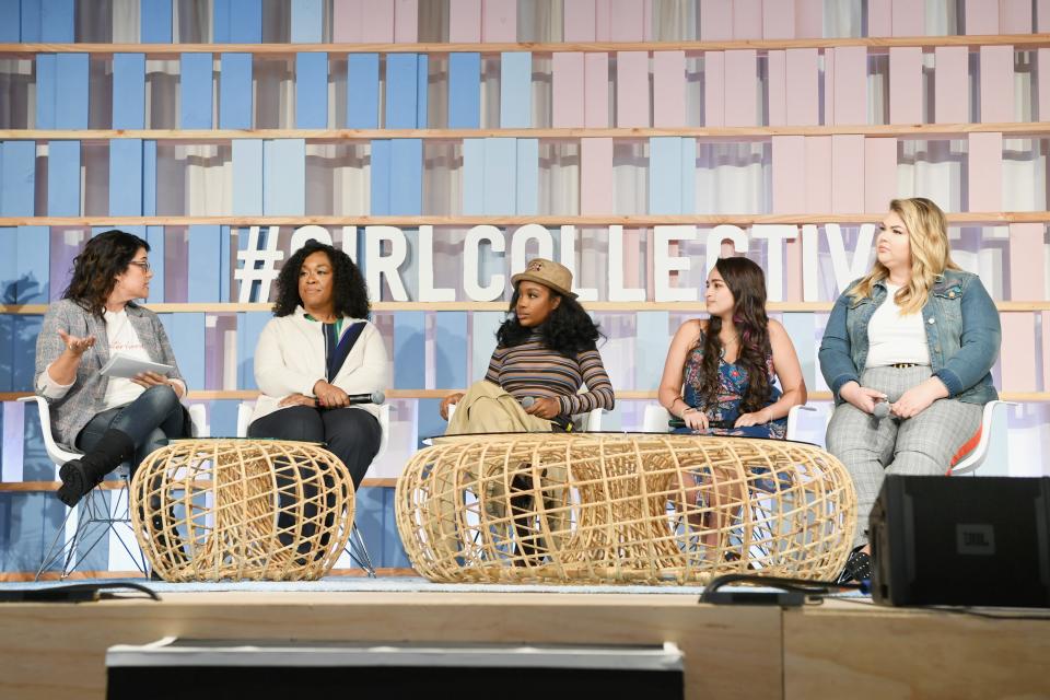 LOS ANGELES, CA - OCTOBER 06:  (L-R) Global Dove Self-Esteem Ambassador Jess Weiner, Shonda Rhimes, SZA, Jazz Jennings, and Alexandra Thomas speak onstage at Dove's Launch of "Girl Collective"? - The First Ever Dove Self-Esteem Project Mega-Event on October 6, 2018 in Los Angeles, California.  (Photo by Emma McIntyre/Getty Images for Unilever/Dove)