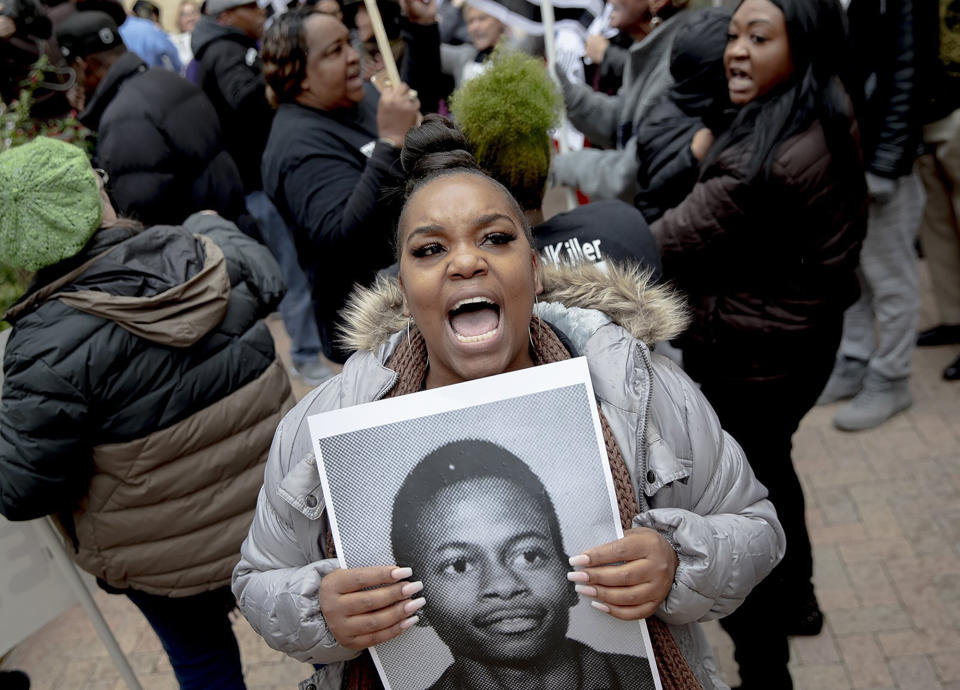 Brittani Smith chants during a protest against the execution of Rodney Reed on Wednesday, Nov. 13, 2019, in Bastrop, Texas. Protesters rallied in support of Reedâs campaign to stop his scheduled Nov. 20 execution for the 1996 killing of a 19-year-old Stacy Stites. New evidence in the case has led a growing number of Texas legislators, religious leaders and celebrities to press Gov. Greg Abbott to intervene. (Nick Wagner/Austin American-Statesman via AP)