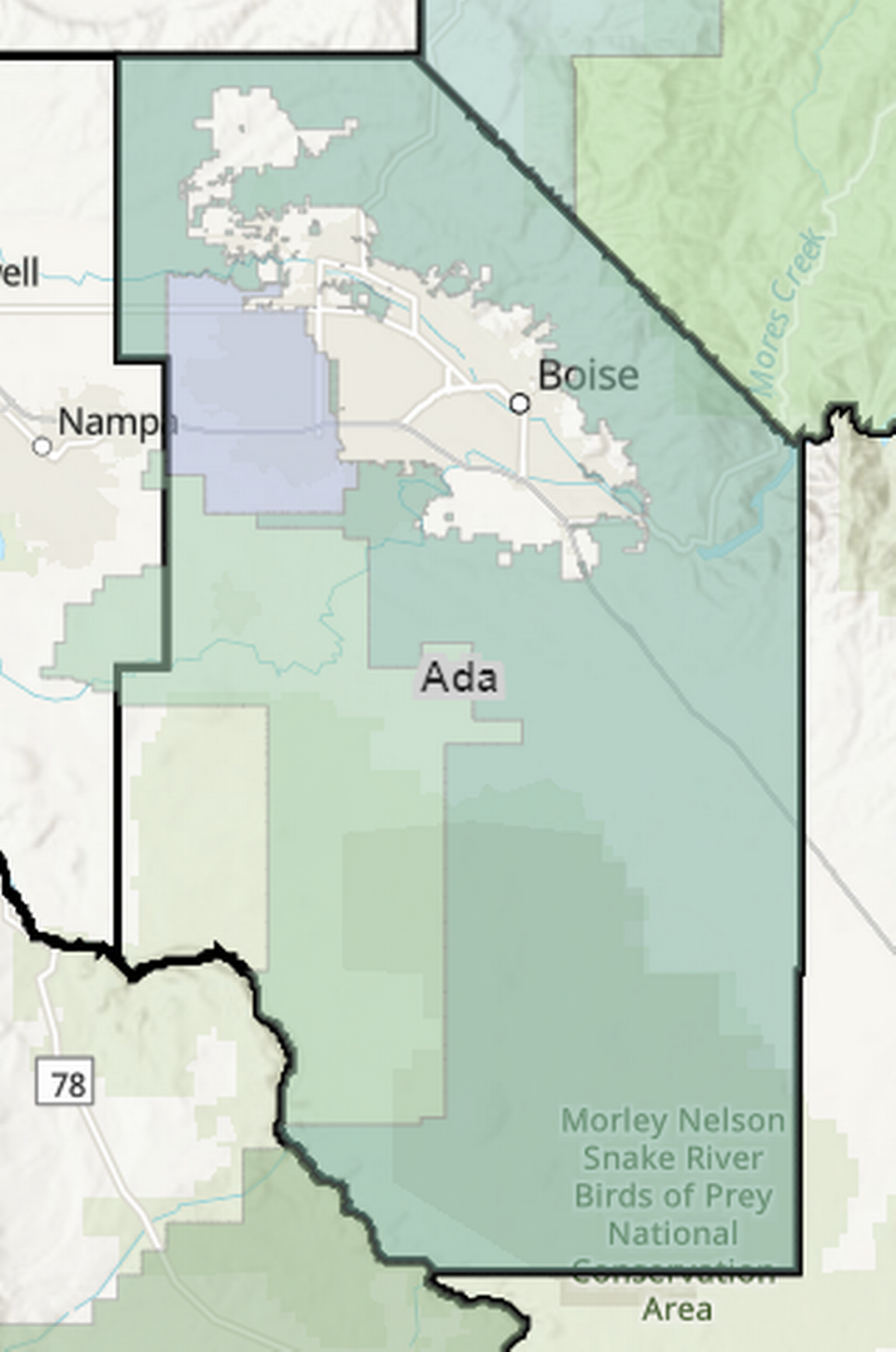 This map roughly shows the boundaries for Ada County library districts hosting board of trustee elections May 16. Ada Community Libraries is dark green, Kuna Library District is light green and Meridian Library District is blue. 