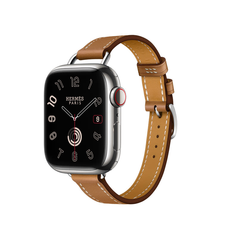 APPLE WATCH HERMES 9系列_41 mm銀色不銹鋼錶殼_金色 Swift 小牛皮Attelage Fin單圈錶款_NT$ 42,100