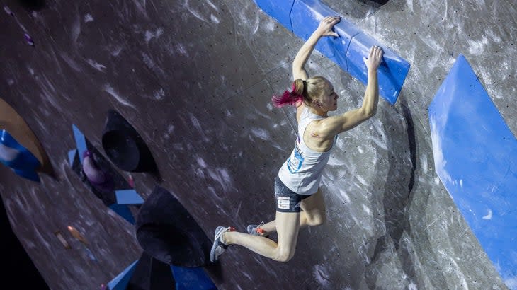 <span class="article__caption">Janja Garnbret cuts loose at the 2022 Meiringen World Cup, where she took first place.</span> (Photo: Jan Virt / IFSC)