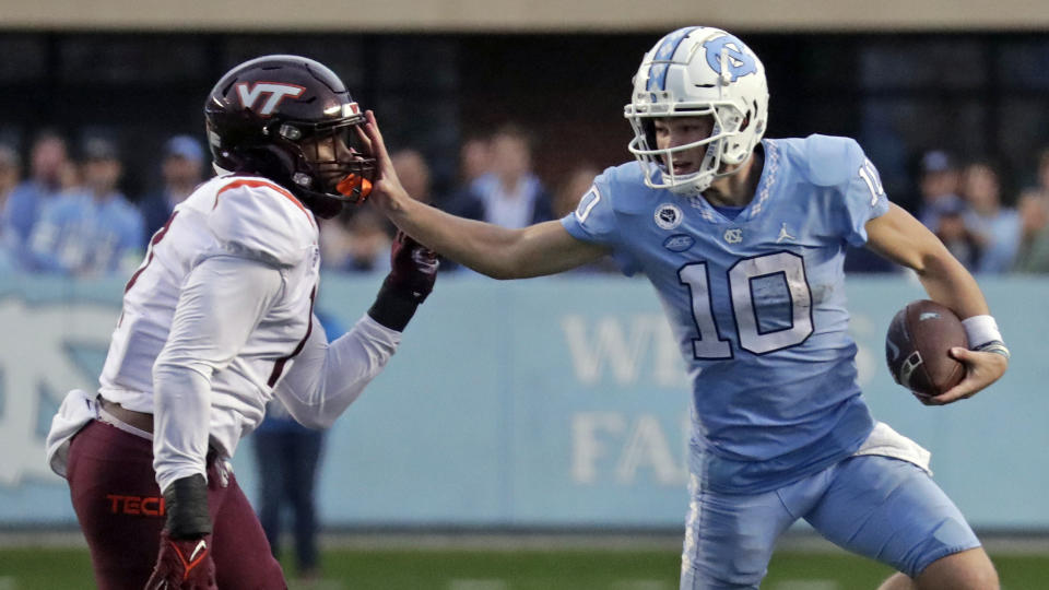 North Carolina quarterback Drake Maye (10) has been one of the top QBs in the ACC this year and he's only a freshman.  (AP Photo/Chris Seward)