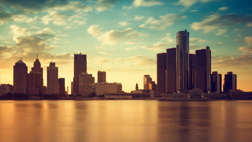 Beautiful skyline of Detroit city, photos taken from Canadian side, Windsor, Ontario.