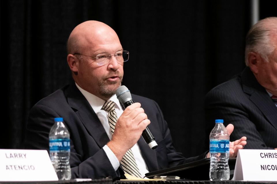 Chris Nicoll speaks as a candidate for Pueblo Mayor during the 2023 Greater Pueblo Chamber of Commerce candidate debates at Memorial Hall on Thursday, October 5, 2023.