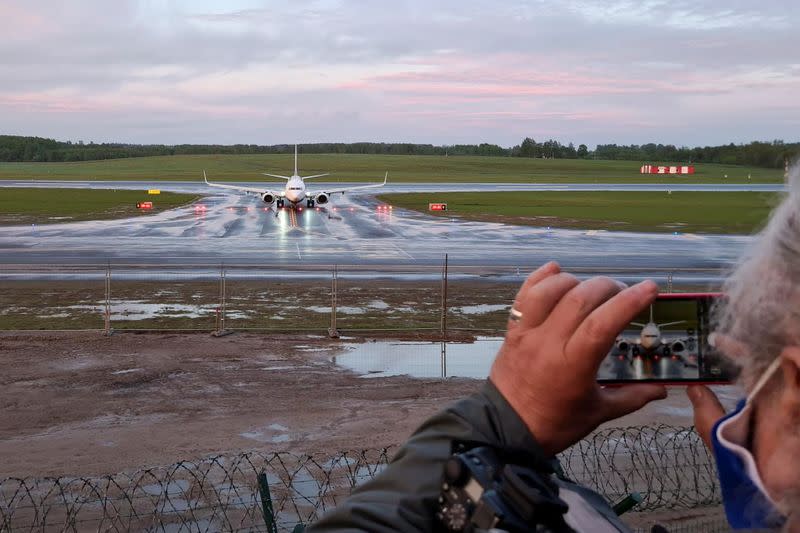 A Ryanair aircraft, which was diverted to Belarus, lands at Vilnius Airport in Vilnius