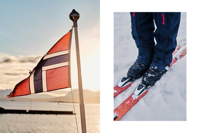 <p>Øivind Haug</p> From left: The Norwegian flag flies over Harstad harbor; Andørja Adventures can organize trips centered around cross-country skiing, a beloved pastime in northern Norway.