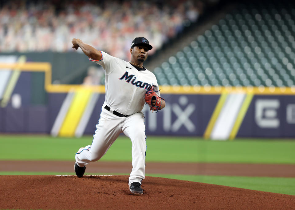 HOUSTON, TX - OCTOBER 08: Sixto Sanchez #73 of the Miami Marlins pitches during Game 3 of the NLDS between the Atlanta Braves and the Miami Marlins at Minute Maid Park on Thursday, October 8, 2020 in Houston, Texas. (Photo by Michael Starghill/MLB Photos via Getty Images)