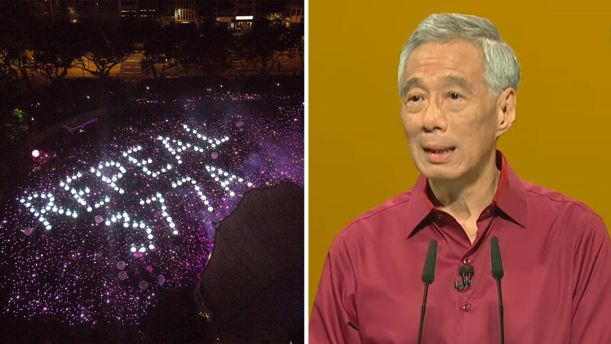 Composite image of Pink Dot overhead shot forming 'Repeal 377A', Singapore Prime Minister Lee Hsien Loong at the NDR 2022. (PHOTO/SCREENSHOT: Getty Images, Prime Minister's Office YouTube)