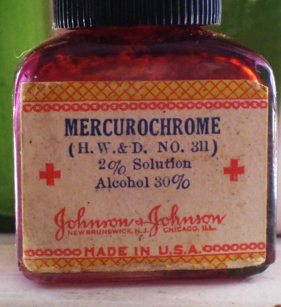 A bottle of Mercurochrome antiseptic (2% solution, 30% alcohol)  from Johnson & Johnson