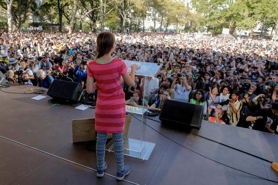 Sixteen year-old Swedish climate activist Greta Thunberg speaks to a large crowd of demonstrators at the Global Climate Strike in lower Manhattan in New York, U.S., September 20, 2019. REUTERS/Lucas Jackson     TPX IMAGES OF THE DAY