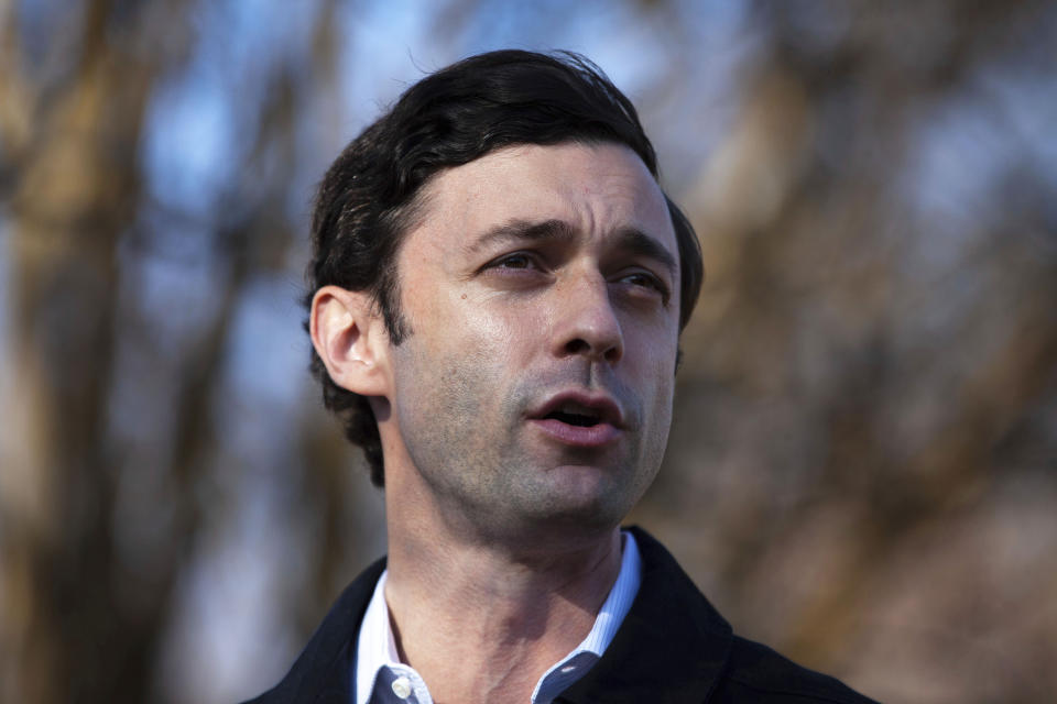 CORRECTS CITY TO ATLANTA Democratic U.S. Senate challenger Jon Ossoff speaks to the media at Dunbar Neighborhood Center during Georgia's Senate runoff elections, Tuesday, Jan. 5, 2021, in Atlanta, Ga. (AP Photo/Branden Camp)