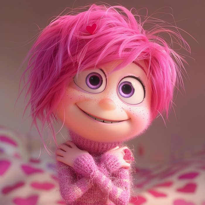 3D animated character, possibly from a children's movie, with pink hair and a textured sweater, smiling with hands clasped