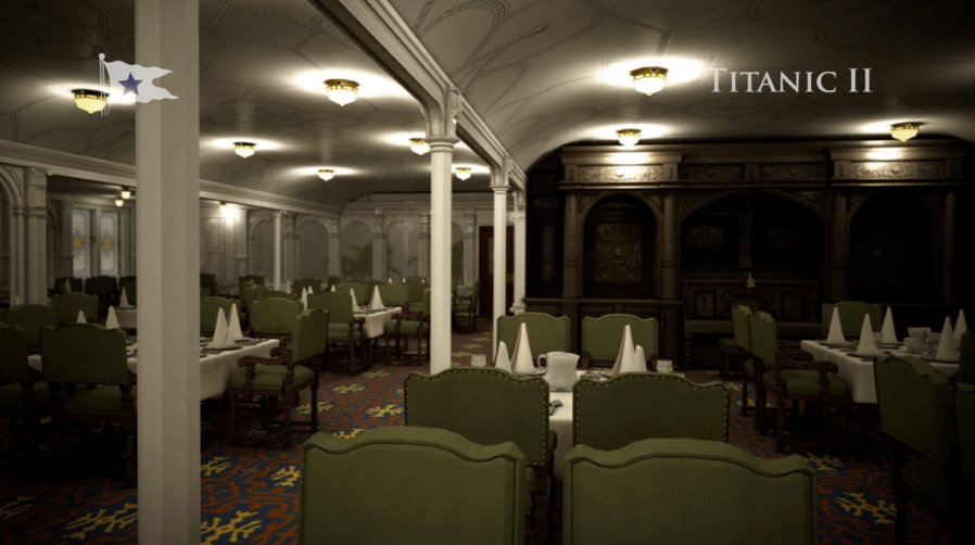 What the dining lounge will look like on the Titanic II, according to an animation. (Blue Star Line)