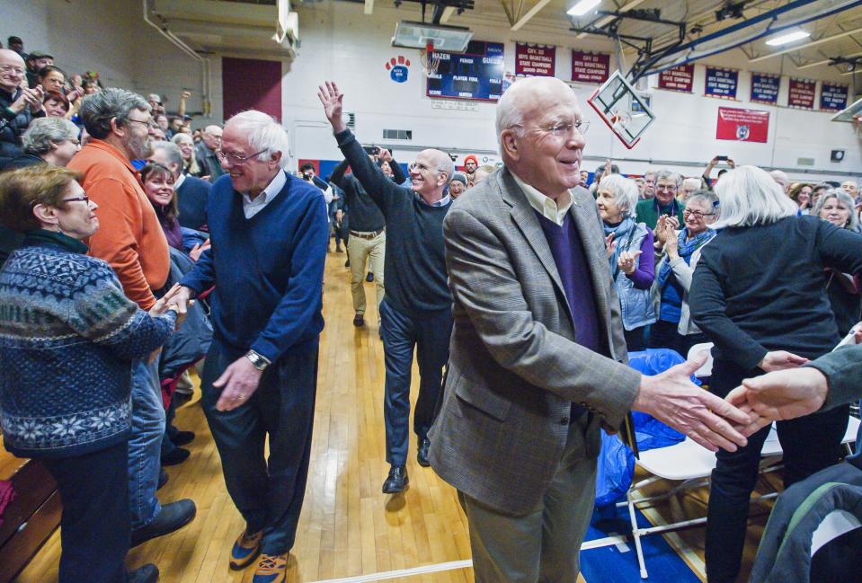 U. S. Senator Bernie Sanders, from left, U.S. Rep. Peter Welch and U.S. Senator Patrick Leahy greet the crowd at the start of a town hall meeting held by Vermont's congressional delegation at Hazen Union High School in Hardwick on Saturday, March 25, 2017.