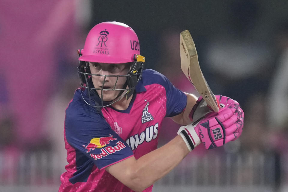 Rajasthan Royals' Tom Kohler-Cadmore plays a shot during the Indian Premier League cricket match between Rajasthan Royals and Punjab Kings in Guwahati, India, Wednesday, May. 15, 2023. (AP Photo/Anupam Nath)