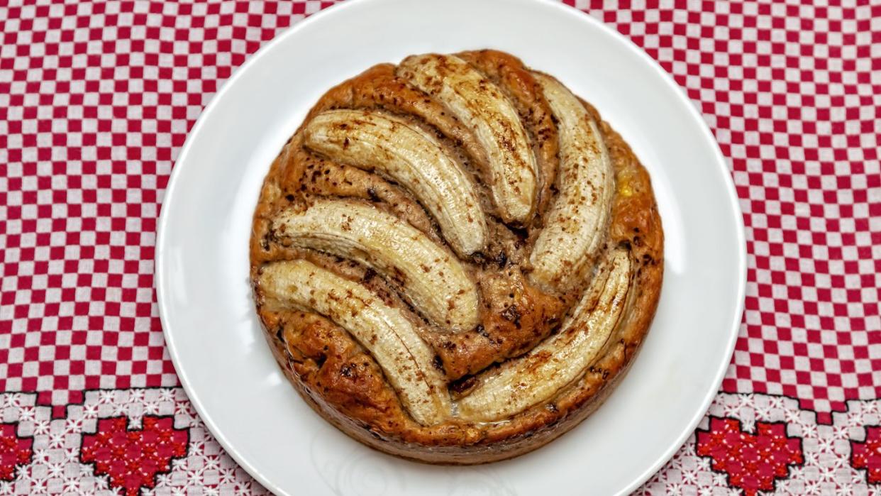 viewed from above, banana cake with cinnamon powder and chocolate chips