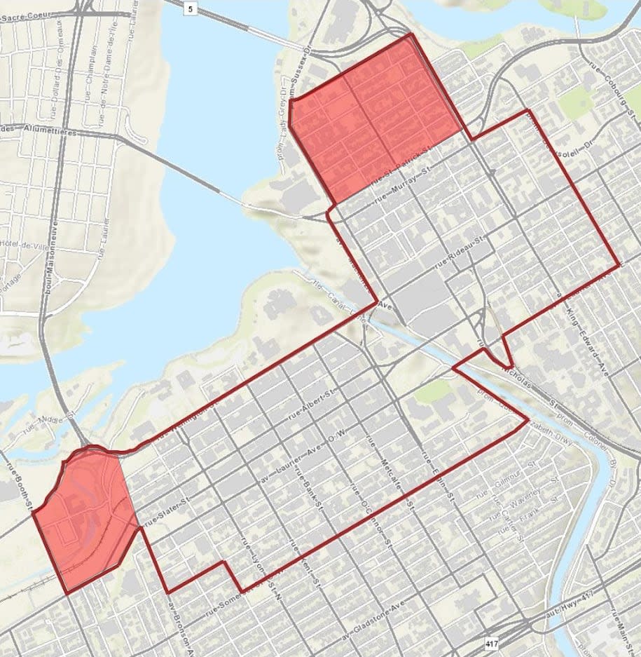 The shaded areas on the map show the new additions to the "occupation zone" containing the plaintiff classes.