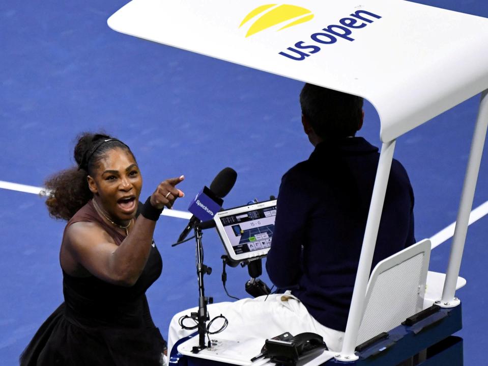 Serena Williams expresses frustration with the chair umpire during the 2018 US Open final.