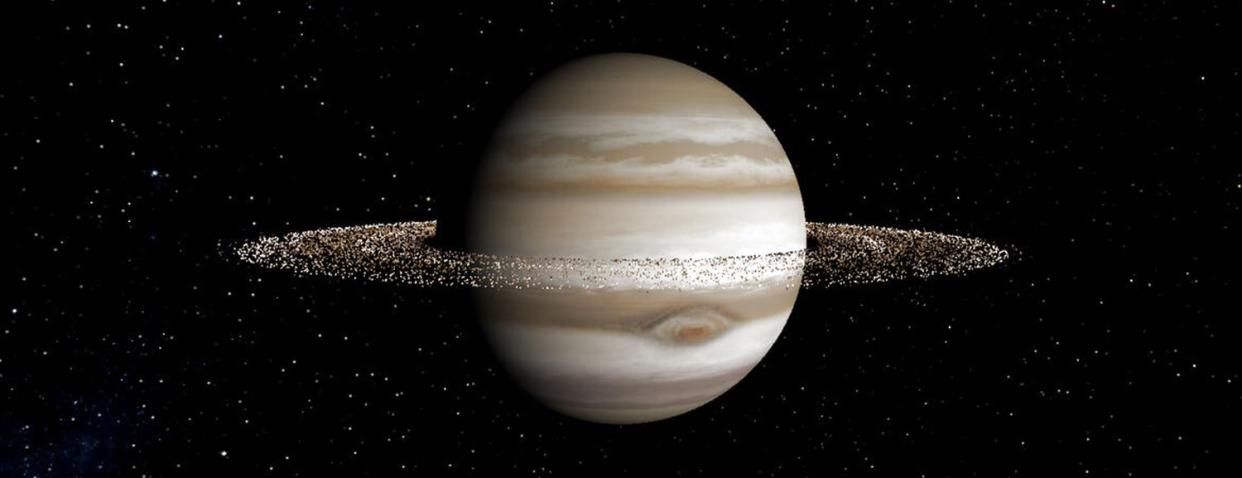 Representación artística de Júpiter con anillos sin la presencia de grandes lunas en el gigante gaseoso| imagen Stephen Kane/UCR