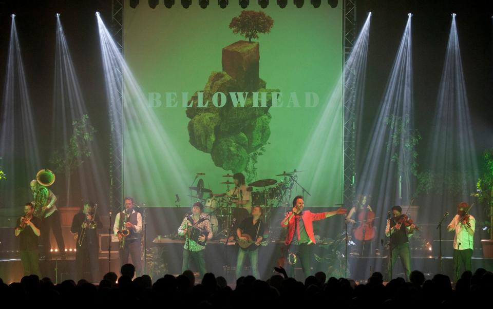 From left: Andy Mellon, Justin Thurgur, Brendan Kelly, Ed Neuhauser, John Spiers, Benji Kirkpatrick, Jon Boden, Pete Flood, Paul Sartin and Sam Sweeney of Bellowhead performing on stage at Southampton Guildhall on November 15, 2014 - Mark Holloway 