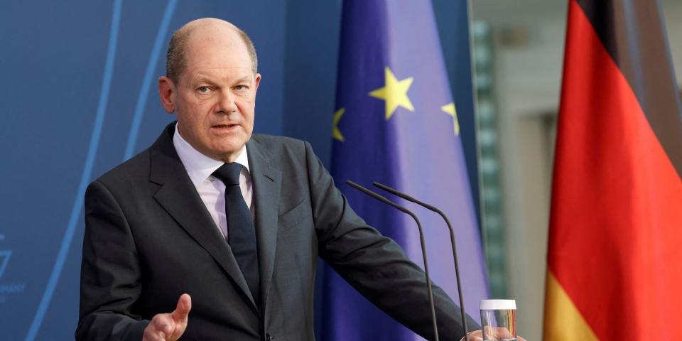 German Chancellor Olaf Scholz addresses the media during a joint statement with European Parliament President Roberta Metsola at the Chancellery in Berlin, Germany, Tuesday, March 22, 2022.