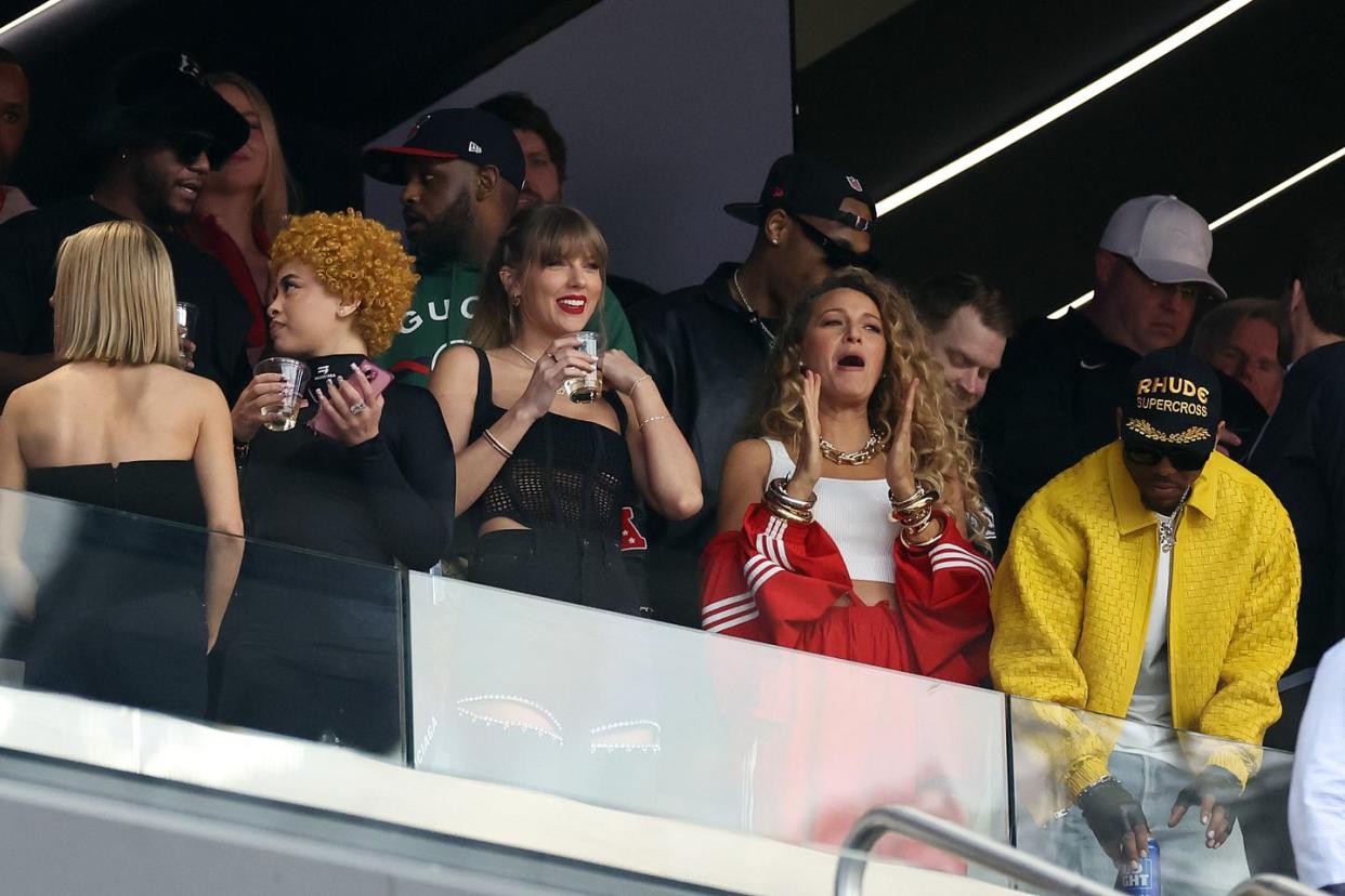 las vegas, nevada february 11 singer taylor swift and actress blake lively react before super bowl lviii between the san francisco 49ers and kansas city chiefs at allegiant stadium on february 11, 2024 in las vegas, nevada photo by ezra shawgetty images