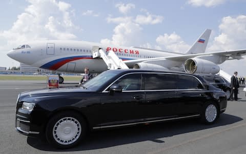 President Vladimir Putin is using the newly-designed Russian limousine (pictured) for the first time on foreign soil - Credit: Mikhail Metzel/TASS