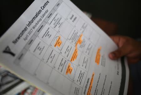 Raul Contreras, 19, of Honduras, who is seeking refugee status in Canada, looks at job-seeking materials provided by the YMCA at a long-stay hotel in Toronto, Ontario, Canada April 9, 2017. Picture taken April 9, 2017. REUTERS/Chris Helgren