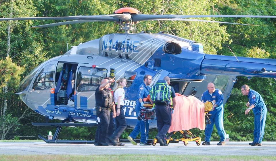 A man suffering multiple stab wounds was flown to an off-Cape Hospital for treatment Saturday afternoon. The stabbing occurred at about 4:45 p.m. at the Gosnold Grove Apartments at 364 East Falmouth Highway, according to the Falmouth Deputy Fire Chief Scott Thrasher.