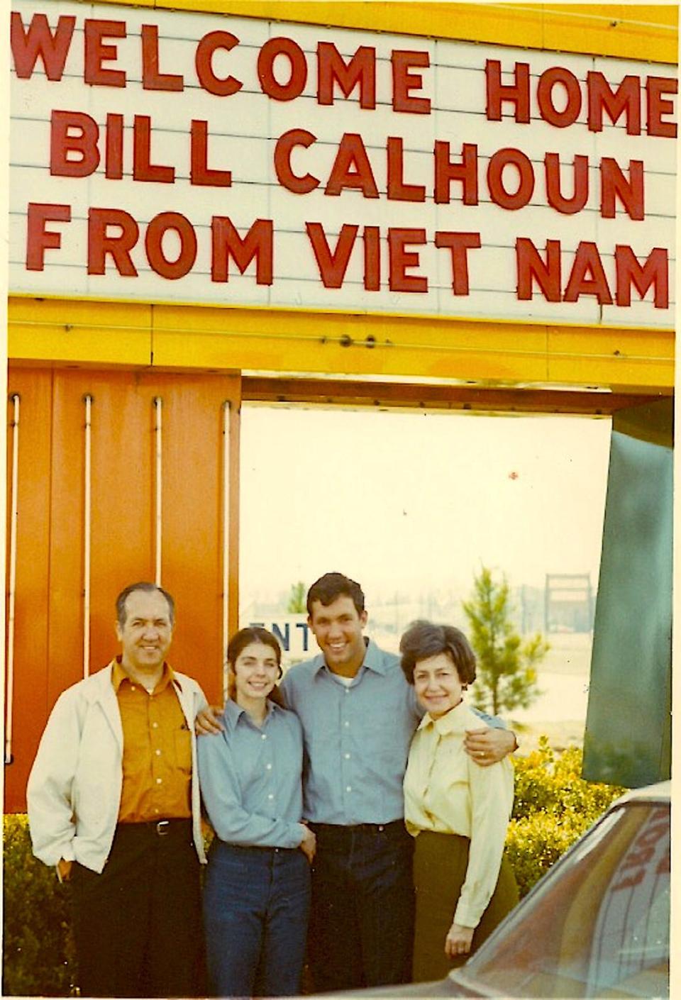 In this 1970 homecoming photo, Navy helicopter pilot Bill Calhoun and Jane, his bride of 14 months, are flanked by Bill’s parents, Judge Marcus and mother, Bernice. (Bill and Jane met in November, married in December, and he went to Vietnam a month later.) Bill died in Newport in 2015. “Thank heaven his community welcomed him home warmly.  I wish it had been so for all our Veterans,” wrote his widow Jane, a long time Portsmouth resident.
