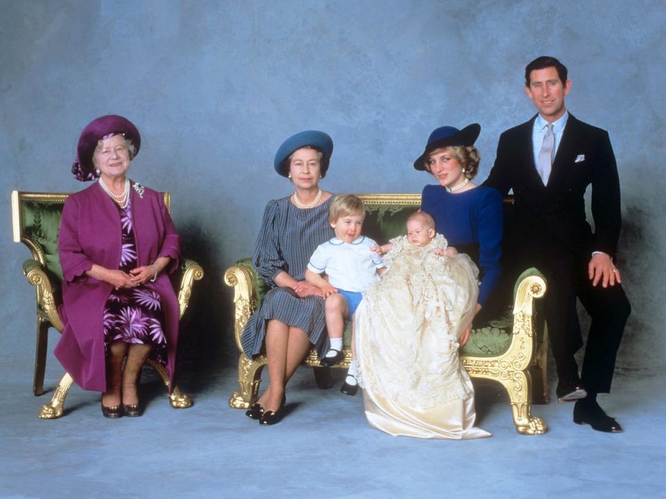 (L-R) the Queen Mother, Queen Elizabeth II, Prince William, Prince Harry and the Prince and Princess of Wales after the christening ceremony of Prince Harry, 1984 (PA)