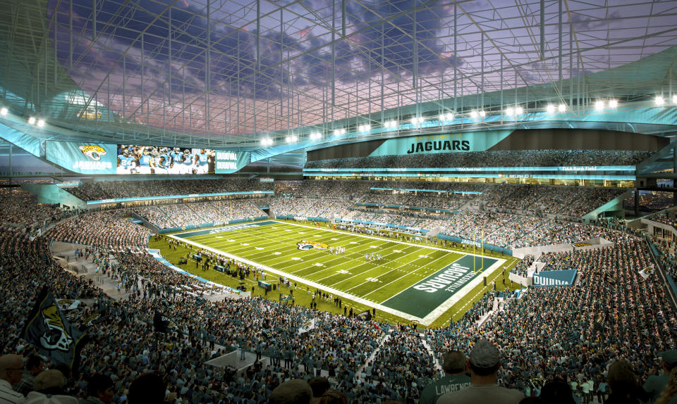 This artists rendering provided by HOK show a conceptual design for the Jacksonville Jaguars NFL football team's "stadium of the future," unveiled Wednesday, June 7, 2023. (HOK/Jacksonville Jaguars via AP)